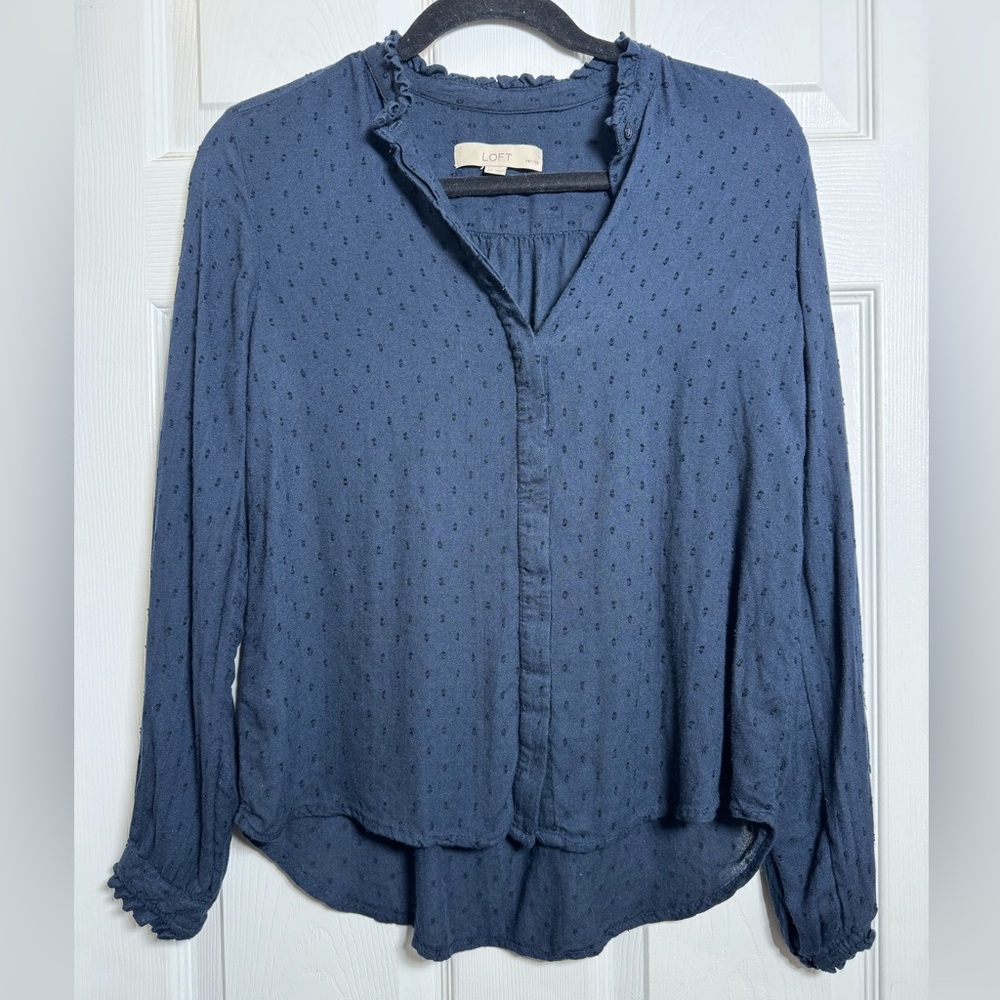 LOFT Ruffle Neck Blouse Blue Swiss Dot Long Sleeve Top Womens SP